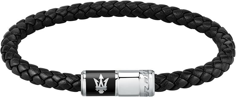 Bracelet homme Maserati en acier et cuir recyclé de 217 cm avec fermoir griffe de homard, idéal pour un style sophistiqué et écologique