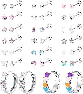 LOYALLOOK Stainless Steel Threader Earrings - Hypoallergenic 20-Pair Set with Flat Back Studs, Cute Heart & Hoop Designs for Women & Girls, Screw Back Closure - Perfect Gift with Opal, Pearl and More