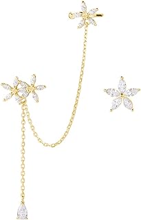 SLUYNZ 925 Sterling Silver Daisy Flowers Cuff Earrings Chain for Women Teens Asymmetric CZ Daisy Earrings Crawler Earrings Dangling Chain