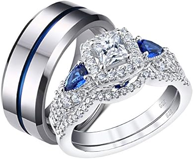 SHELOVES Wedding Rings Set for Couple Womens Cz Sterling Silver Mens Blue Tungsten Bands Him and Her
