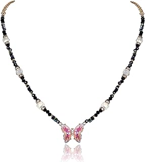 Black Y2K Alloy Cable Chain Beaded Necklace with Glass Beads and Bohemian Butterfly Pendant for Women and Girls