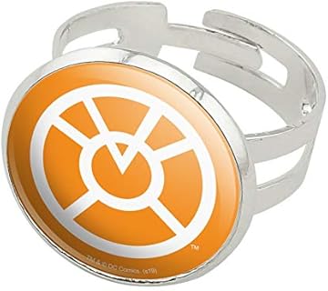 Warner Bros Licensed Green Lantern Wedding Ring - Silver Plated Adjustable Novelty Ring with Iconic Blackest Night Orange Lantern Design