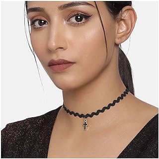 Punk Black String Choker Necklace Black Cross Pendant Necklace Wavy Lace Choker Necklace Stretch Lace Tattoo Necklace Jewelry for Women and Girls Gifts