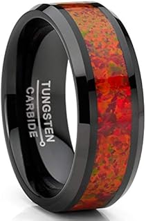 Comfort-Fit Black Fire Opal Engagement Ring for Men, Tungsten Carbide Metal Masters CO. Design with Red Crushed Opal Inlay, Size 7 and 8mm Width