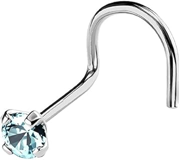 Jewelry Avalanche 22G Solid 14Kt Gold Nose Screw Stud with Prong Set real Aquamarine Gemstone, 14kt Yellow Gold or 14kt White Gold - March Birthstone Nose Ring