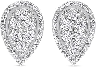 1/10 Carat White Natural Round Cut Diamond Teardrop Stud Earrings For Women's In 14K Gold Plated 925 Sterling Silver (0.1 Cttw, J-K Color, I2-I3 Clarity)