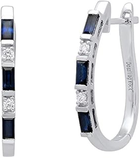 Dazzlingrock Collection 14K Gold Baguette Blue Sapphire & Round White Diamond Ladies Fashion Hoop Earrings