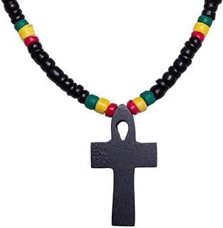 BlueRica Black Wood Ankh Pendant on Rasta Coconut Shell Beads Necklace (18")