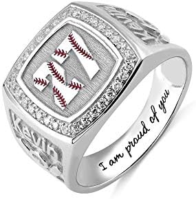 Baseball Wedding Ring, 925 Sterling Silver with Cubic Zirconia, for Sports Enthusiasts, Adjustable Size/ Personalized Engraving Design