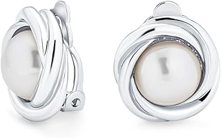 Vintage Clip-On Earrings Featuring Simulated Round White Pearls Set in Twist Braided Rope Design, Rhodium-Plated Base Metal, Comfortable for Non-Pierced Ears