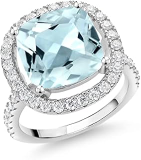 Gem Stone King 925 Sterling Silver 12MM Cushion Gemstone Birthstone and Moissanite Ring | Wedding Engagement Anniversary Promise Ring For Women | Available In Size 5, 6, 7, 8, 9