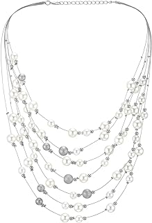 Elegant Synthetic Pearl and Satin Beads Multistrand Necklace with Cable Chain for Women, Long Waterfall Design Jewelry