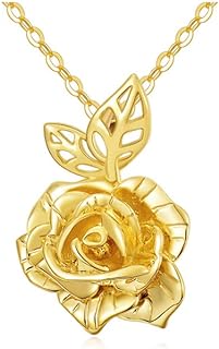 Spring Ring Clasp, 14K Yellow Gold Rose Flower Pendant Necklace, Cable Chain, Ideal Anniversary or Birthday Jewelry Gift for Women, Mom, Wife, Girlfriend
