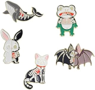 5Pcs Half Skeleton Animal Enamel Pins Cat Frog Bat Rabbit Whale Brooch Lapel Pin Badge Punk Cartoon Brooch Jewelry Gift for Friend