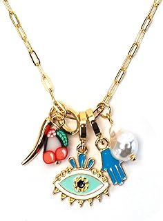 Paperclip Pendant Protection Necklace - Pendant Necklace With Italian Horn Evil Eye Hand and Foot Pearls