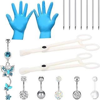 14G Surgical Steel Belly Button Piercing Kit by JIESIBAO with Needles, Clamps, and CZ-Adorned Rings - Perfect for Personal Use and Navel Design