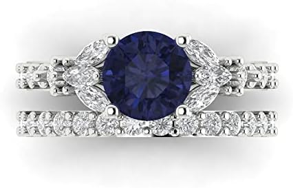 Clara Pucci 2.72ct Round cut 3 stone Genuine Blue Sapphire Simulant Engagement Promise Anniversary Bridal Ring Band set 18K White Gold