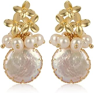 18k Gold & Sterling Silver French Wire Baroque Pearl Drop Dangle Earrings for Women, Handmade Wedding & Bridesmaid Jewelry with Life Tree Design
