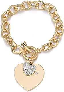 PJ Heart Crystal Charm Bracelet for Women Girls - High Polished Trendy Love Heart-Shaped Link Chain Charms Bracelets Jewelry, Toggle Clasp