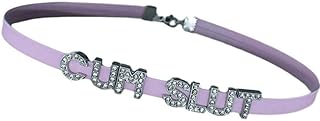 Pink CUM SLUT Chokers For Women,PU Leather Collar For Girl Friend,Rhinestone Sexy Leash Necklace Jewelry For Wife