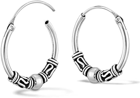 AeraVida Vintage Balinese Art Inspired Boho Chic Beaded .925 Sterling Silver 14mm Hoop Earrings