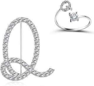 Adjustable Alloy Crystal Ring & Brooch Pin Set, RINHOO Initial A-Z Alphabet Design, Perfect for Women and Girls, Silver-Plated