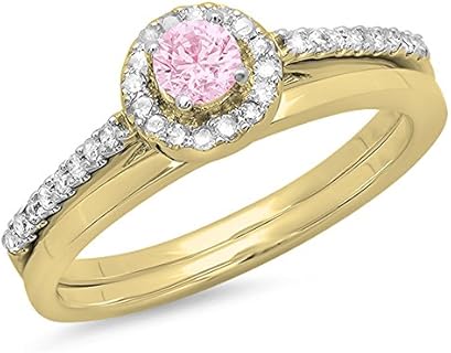 Dazzlingrock Collection 14K Gold Round Pink Sapphire And White Diamond Bridal Engagement Halo Ring Set