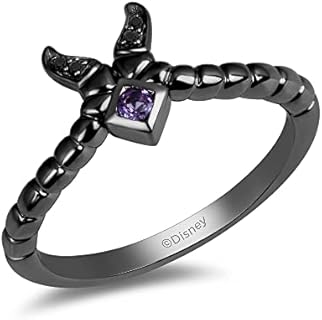 Jewelili Enchanted Disney Fine Jewelry Black Rhodium over Sterling Silver 2MM Round Amethyst and Heat Treated Black Diamond Accent Maleficent Villain Ring