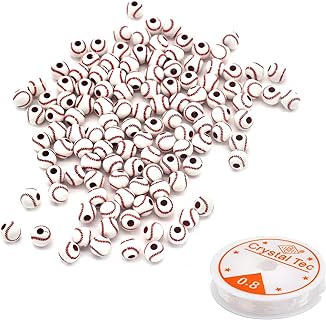 120 Pieces Baseball Beads Acrylic Sports Beads with Big Hole and 1 Roll Elastic String for Bracelets Necklaces Earrings Hair Ties Keychains Craft Making