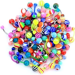 CM Crareesi Mania 50PCS Belly Rings Pack Random Belly Button Bars Stainless Steel/Acrylic Banana Barbells Navel Barbell for Navel Piercing Jewellery