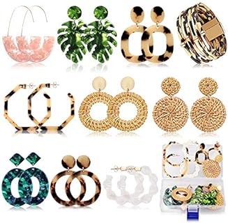 FIFATA Hypoallergenic S925 Sterling Silver Post Earrings Set - Chic Bohemian Style with Rattan, Acrylic and Resin Design, Lobster Clasp, 9 Unique Sets for Women and Girls