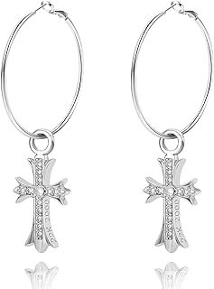 Women's Sterling Silver Large Hoop and Huggie Cross Dangle Earrings with Cubic Zirconia Pendant, Converts to Gold Cross Necklace - by Esmee Cardenas
