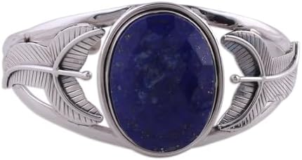 NOVICA Artisan Handcrafted Lapis Lazuli Floral Bracelet Sterling Silver Cuff with Blue India Royal Bright Cobalt Reflecting Pond Leaf Tree Birthstone [6.5 in L (end to End) x 1.3 in W] ' Sea