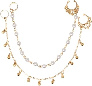 Honbay 2PCS Fashion Nose Ring with Chain Nose to Ear Chain with Tassel Pearl Fake Septum Ring Non-Piercing Nose Ring Indian Belly Dance Party Nose Accessories Body Jewelry for Women and Girls