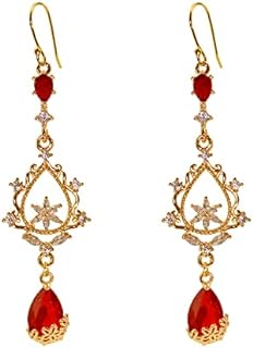 18K Gold Plated Ruby Imitation Dangle Earrings with French Wire Back, Green Crystal Large Flower Design for Women