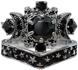Triple Moon Goddess Black Crystal Star Ring Set, Wicca Pagan Crescent Design, Ideal for Women's Wedding Engagement, Size 6 Alloy Band