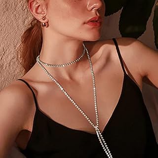 Cubic Zirconia Tennis Necklace Long Rhinestone Chain Drop Y Necklace Layered Tennis Choker Minimalist Long Crystal Chain Lariat Necklace CZ Diamond Chain Y Necklace Jewelry for Women Girls