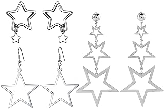 3 Pairs Silver Star Stud Earrings for Women,Star Dangle Earrings Small Stud Earrings Set Hypoallergenic Crystal Long Tassel Stars Dangling Cartilage Stud for Women Jewelry Gift