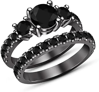 Chic 14K Black Gold Finish Angel Set Wedding Ring, Round Cut CZ Simulated Black Diamond for Women, Sterling Silver Material, Size 4 - Elegant Contemporary Design