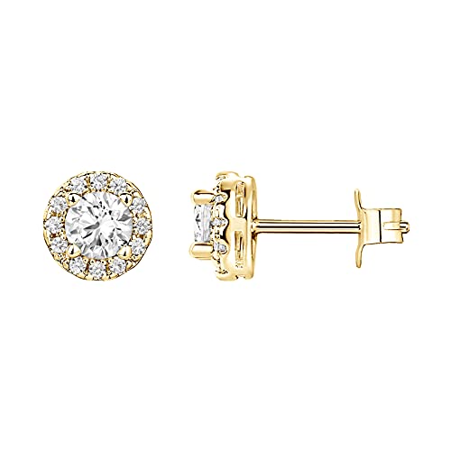 14K Gold Plated Sterling Silver Post Brilliant Round Faux Diamond Halo Earrings - Premium Cubic Zirconia in Rose Gold, White Gold and Yellow Gold