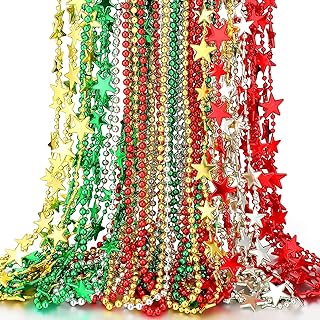 Hicarer Christmas Mardi Gras Beads Necklaces Bulk 16 Inch Metallic Beaded Necklaces Green Red Silver Gold Beads Necklaces for Adults Kids Holiday Xmas Birthday Party Favors