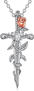 YAFEINI Sword Necklace Sterling Silver Medieval Sword With Rose Flower Pendant Jewelry Valentines Day Gifts For Women Girls