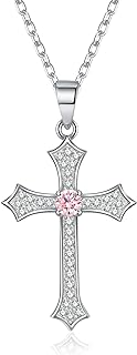 Sterling Silver Cubic Zirconia Birthstone Diamond Cross Pendant with Cable Chain & Spring Ring Clasp, Perfect Birthday Gift for Women, Elegant Design