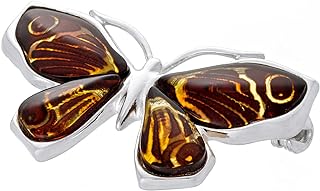 AMBEDORA Women’s Brooch, Polished Sterling Silver, Cherry Baltic Amber, Silver Nymphalidae Butterfly Brooch with Carved Amber