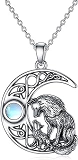 Sterling Silver Clasp Wolf Pendant Necklace with Moonstone on Cable Chain, Perfect Gift for Women and Girls, Featuring Mother-Daughter Wolf Design