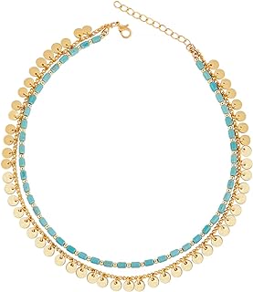 Gold Disc Choker Necklace with Link Chain and Lobster Clasp, Adorned with Turquoise for Women, Double Layer Boho Design