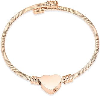 Constantlife Gold Heart Bangle Bracelet with Box Chain and Spring Ring Clasp for Loved Ones, Stainless Steel Cremation Memorial Jewelry