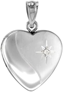 Small 5/8 inch Sterling Silver Diamond Heart Locket Necklace for Women 16-20 inch