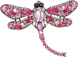 Merdia Dragonfly Brooch Pin with Imitated Crystal Charm Flying Insect Alloy Brooch Pin(Pink）