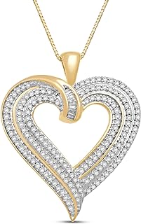 Jewelili Heart Necklace Pendant with Natural White Round and Baguette Diamonds 1/2 Cttw in 10K White or Yellow Gold 18" Box Chain